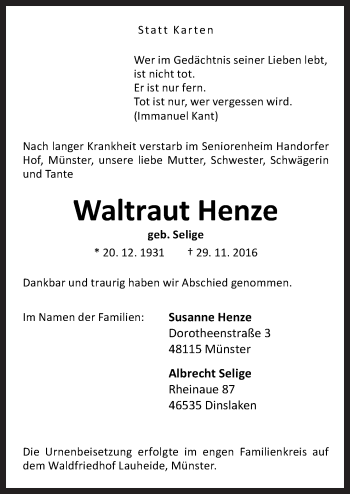 Traueranzeige von Waltraut Henze von Neue Osnabrücker Zeitung GmbH & Co. KG