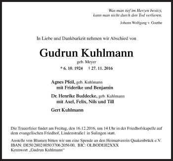 Traueranzeige von Gudrun Kuhlmann von Neue Osnabrücker Zeitung GmbH & Co. KG