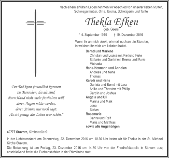 Traueranzeige von Thekla Efken von Neue Osnabrücker Zeitung GmbH & Co. KG