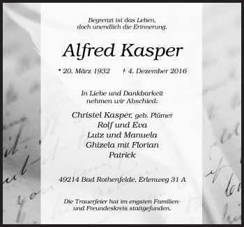 Traueranzeige von Alfred Kasper von Neue Osnabrücker Zeitung GmbH & Co. KG