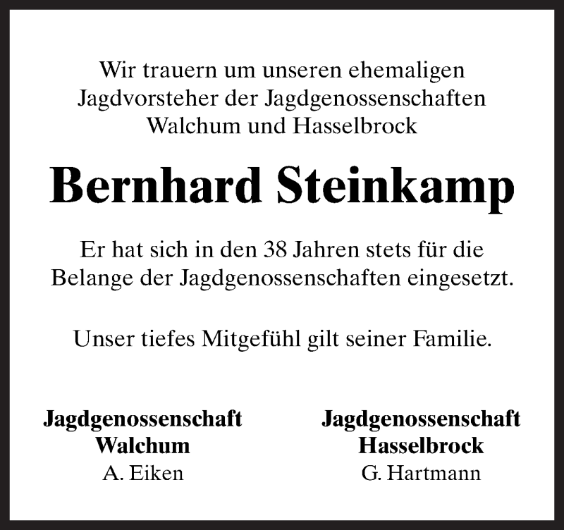  Traueranzeige für Bernhard Steinkamp vom 29.12.2016 aus Neue Osnabrücker Zeitung GmbH & Co. KG