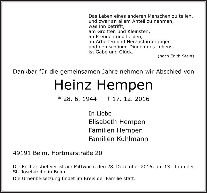  Traueranzeige für Heinz Hempen vom 21.12.2016 aus Neue Osnabrücker Zeitung GmbH & Co. KG