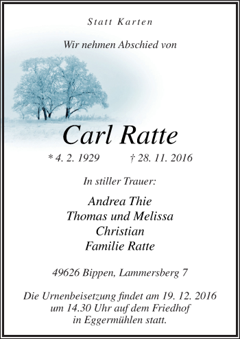 Traueranzeige von Carl Ratte von Neue Osnabrücker Zeitung GmbH & Co. KG