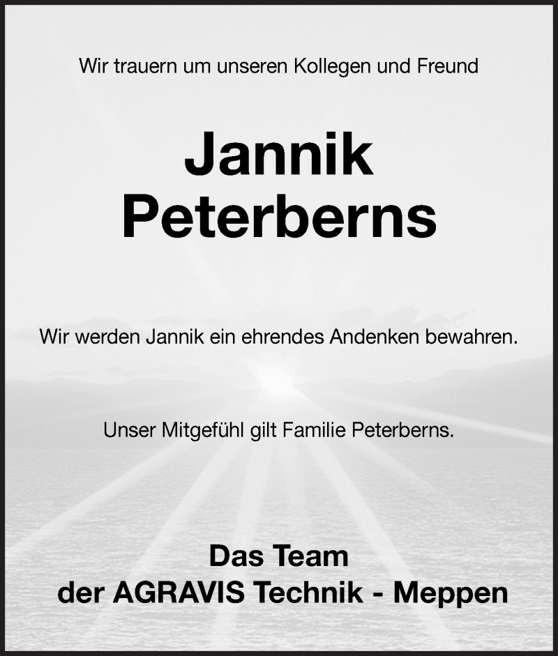  Traueranzeige für Jannik Peterberns vom 05.12.2016 aus Neue Osnabrücker Zeitung GmbH & Co. KG