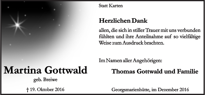  Traueranzeige für Martina Gottwald vom 03.12.2016 aus Neue Osnabrücker Zeitung GmbH & Co. KG