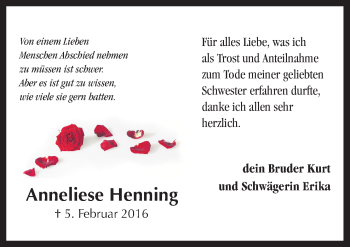 Traueranzeige von Anneliese Henning von Neue Osnabrücker Zeitung GmbH & Co. KG