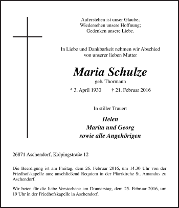 Traueranzeige von Maria Schulze von Neue Osnabrücker Zeitung GmbH & Co. KG