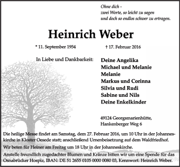 Traueranzeige von Heinrich Weber von Neue Osnabrücker Zeitung GmbH & Co. KG