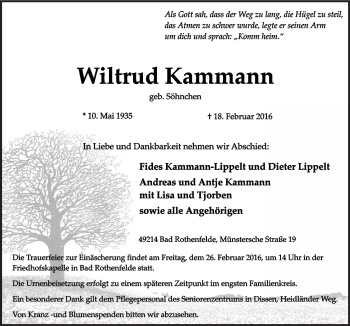 Traueranzeige von Wiltrud Kammann von Neue Osnabrücker Zeitung GmbH & Co. KG