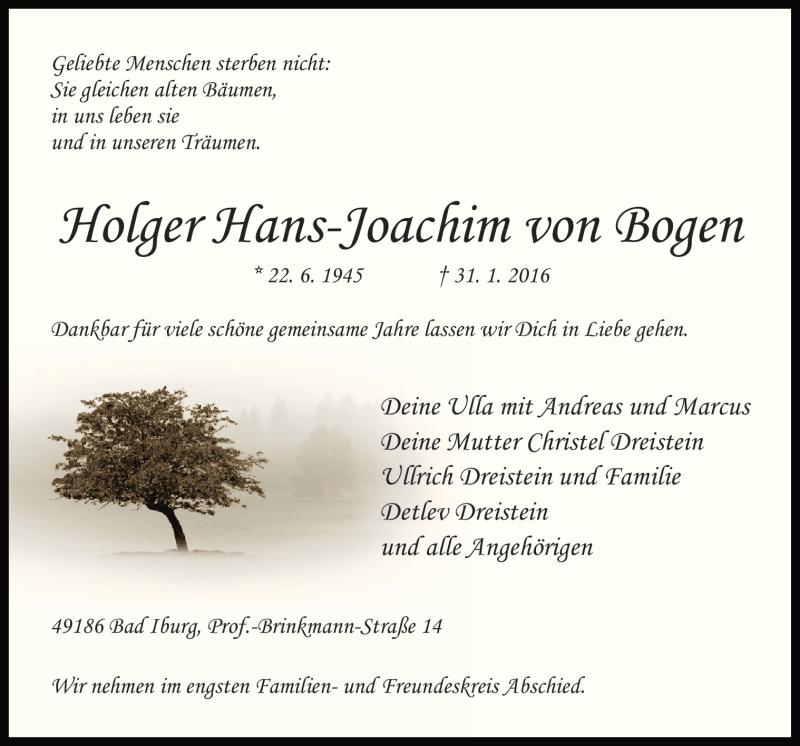  Traueranzeige für Holger Hans-Joachim von Bogen vom 03.02.2016 aus Neue Osnabrücker Zeitung GmbH & Co. KG