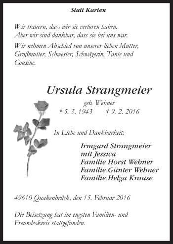 Traueranzeige von Ursula Strangmeier von Neue Osnabrücker Zeitung GmbH & Co. KG