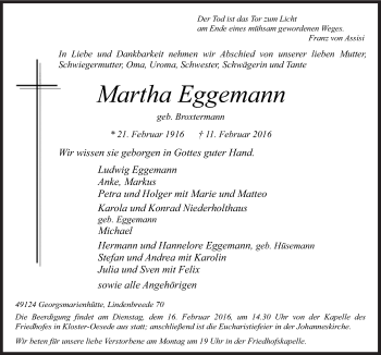 Traueranzeige von Martha Eggemann von Neue Osnabrücker Zeitung GmbH & Co. KG
