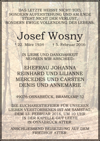 Traueranzeige von Josef Wosny von Neue Osnabrücker Zeitung GmbH & Co. KG