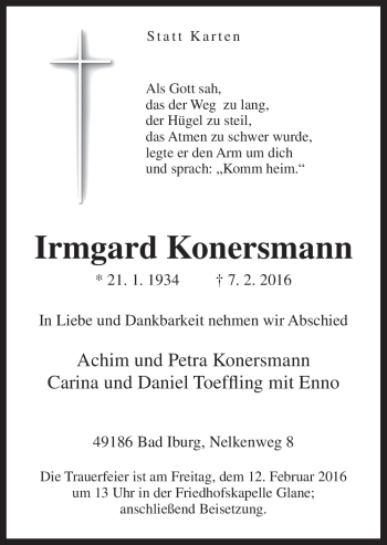 Traueranzeige von Irmgard Konersmann von Neue Osnabrücker Zeitung GmbH & Co. KG