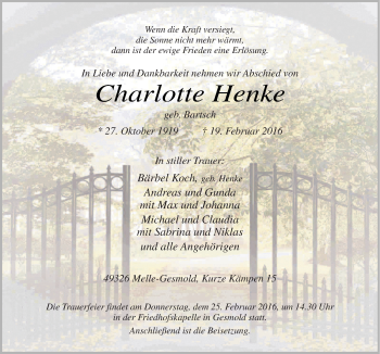 Traueranzeige von Charlotte Henke von Neue Osnabrücker Zeitung GmbH & Co. KG