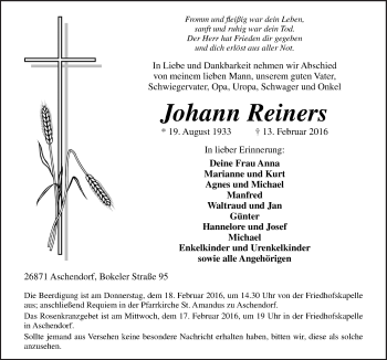 Traueranzeige von Johann Reiners von Neue Osnabrücker Zeitung GmbH & Co. KG