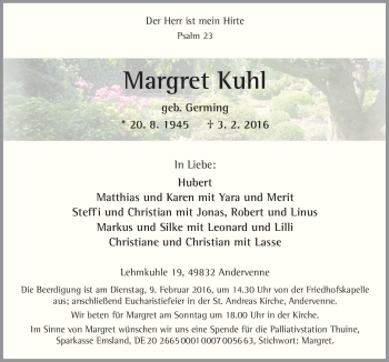 Traueranzeige von Margret Kuhl von Neue Osnabrücker Zeitung GmbH & Co. KG