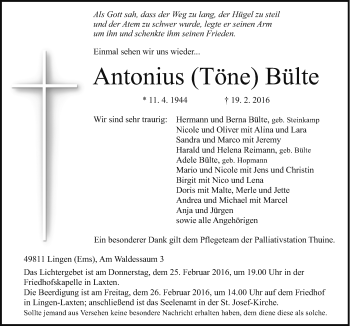Traueranzeige von Antonius Bülte von Neue Osnabrücker Zeitung GmbH & Co. KG