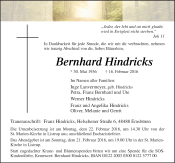 Traueranzeige von Bernhard Hindricks von Neue Osnabrücker Zeitung GmbH & Co. KG
