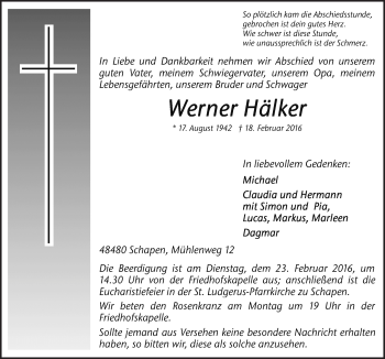 Traueranzeige von Werner Hälker von Neue Osnabrücker Zeitung GmbH & Co. KG