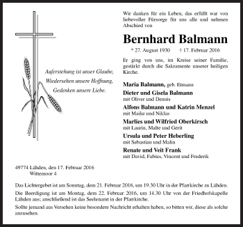Traueranzeige von Bernhard Balmann von Neue Osnabrücker Zeitung GmbH & Co. KG