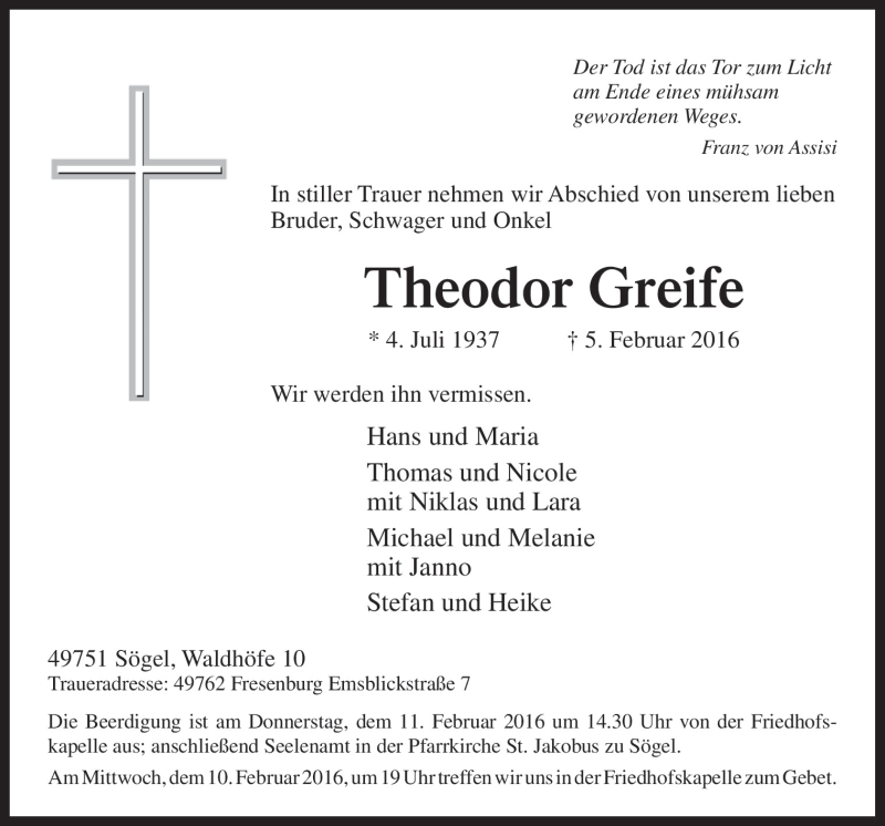  Traueranzeige für Theodor Greife vom 08.02.2016 aus Neue Osnabrücker Zeitung GmbH & Co. KG
