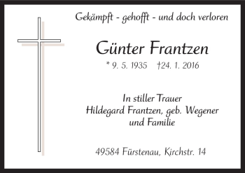 Traueranzeige von Günter Frantzen von Neue Osnabrücker Zeitung GmbH & Co. KG