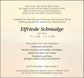 Traueranzeige von Elfriede Schmalge von Neue Osnabrücker Zeitung GmbH & Co. KG