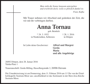 Traueranzeige von Anna Tornau von Neue Osnabrücker Zeitung GmbH & Co. KG