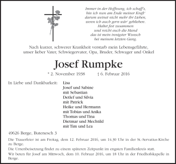 Traueranzeige von Josef Rumpke von Neue Osnabrücker Zeitung GmbH & Co. KG