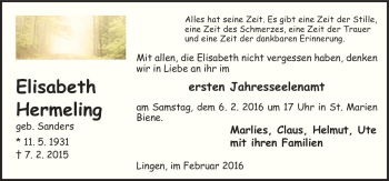 Traueranzeige von Elisabeth Hermeling von Neue Osnabrücker Zeitung GmbH & Co. KG