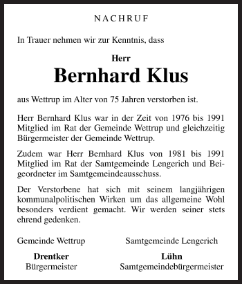 Traueranzeige von Bernhard Klus von Neue Osnabrücker Zeitung GmbH & Co. KG