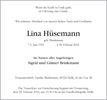 Traueranzeige von Lina Hüsemann von Neue Osnabrücker Zeitung GmbH & Co. KG