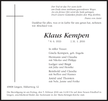 Traueranzeige von Klaus Kempen von Neue Osnabrücker Zeitung GmbH & Co. KG