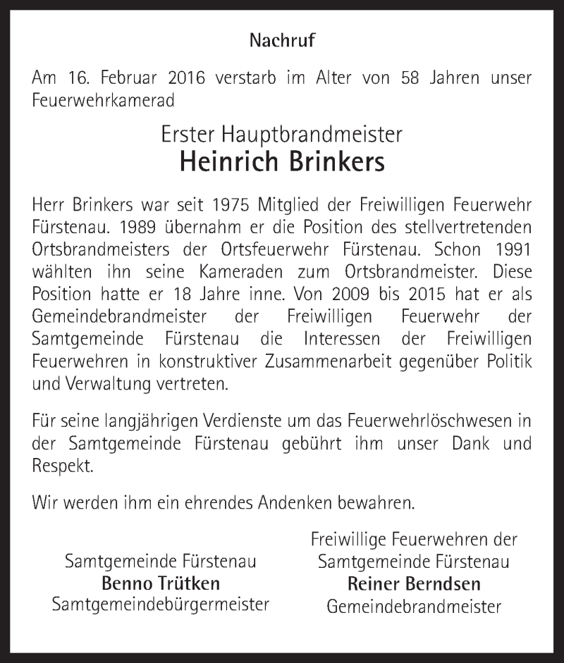  Traueranzeige für Heinrich Brinkers vom 20.02.2016 aus Neue Osnabrücker Zeitung GmbH & Co. KG