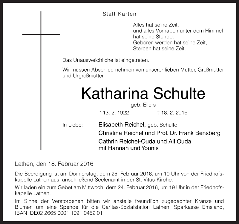  Traueranzeige für Katharina Schulte vom 20.02.2016 aus Neue Osnabrücker Zeitung GmbH & Co. KG