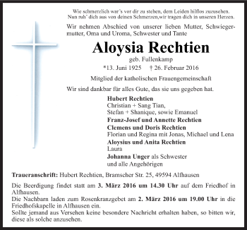 Traueranzeige von Aloysia Rechtien von Neue Osnabrücker Zeitung GmbH & Co. KG