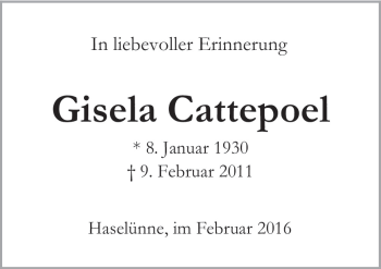 Traueranzeige von Gisela Cattepoel von Neue Osnabrücker Zeitung GmbH & Co. KG