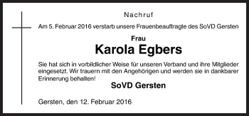 Traueranzeige von Karola Egbers von Neue Osnabrücker Zeitung GmbH & Co. KG