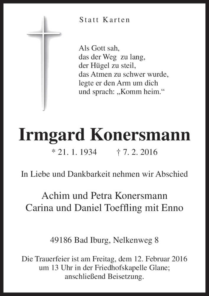  Traueranzeige für Irmgard Konersmann vom 09.02.2016 aus Neue Osnabrücker Zeitung GmbH & Co. KG