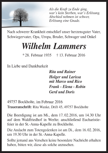 Traueranzeige von Wilhelm Lammers von Neue Osnabrücker Zeitung GmbH & Co. KG