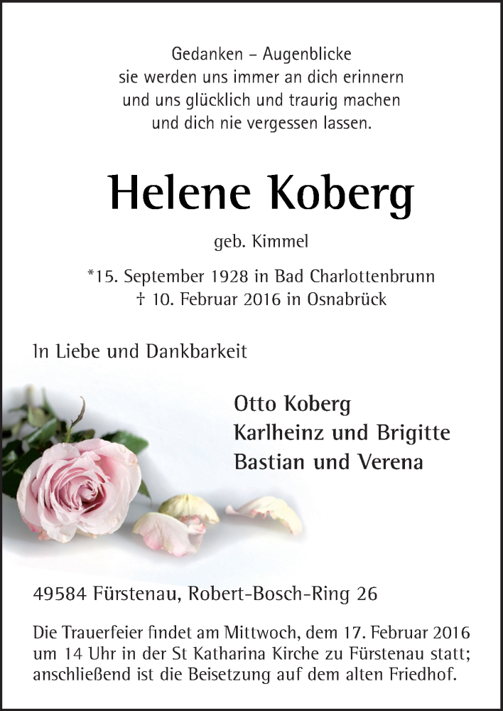  Traueranzeige für Helene Koberg vom 13.02.2016 aus Neue Osnabrücker Zeitung GmbH & Co. KG