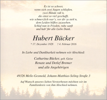 Traueranzeige von Hubert Bücker von Neue Osnabrücker Zeitung GmbH & Co. KG