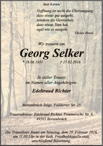 Traueranzeige von Georg Selker von Neue Osnabrücker Zeitung GmbH & Co. KG