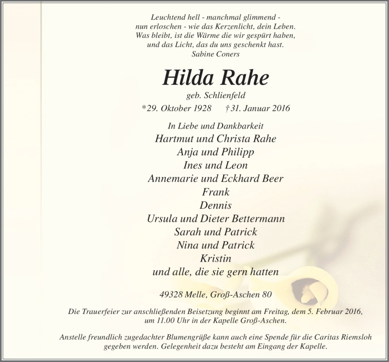  Traueranzeige für Hilda Rahe vom 03.02.2016 aus Neue Osnabrücker Zeitung GmbH & Co. KG