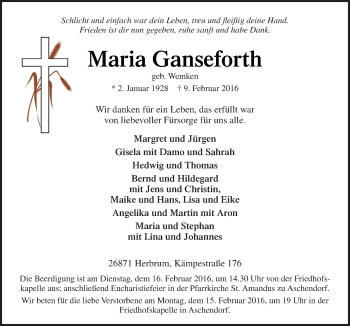 Traueranzeige von Maria Ganseforth von Neue Osnabrücker Zeitung GmbH & Co. KG