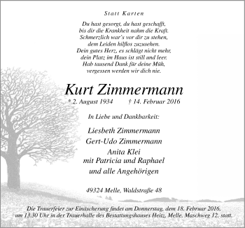 Traueranzeige von Kurt Zimmermann von Neue Osnabrücker Zeitung GmbH & Co. KG