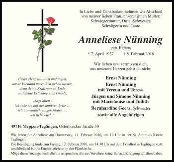 Traueranzeige von Anneliese Nünning von Neue Osnabrücker Zeitung GmbH & Co. KG