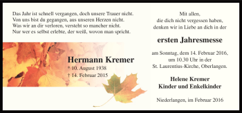 Traueranzeige von Hermann  Kremer von Neue Osnabrücker Zeitung GmbH & Co. KG