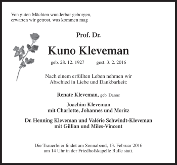 Traueranzeige von Kuno Kleveman von Neue Osnabrücker Zeitung GmbH & Co. KG